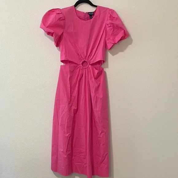 Sexy Pink Puff Sleeve Cut Out Dress with Pockets Wedding Guest Garden Party - Picture 1 of 5